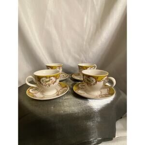 8 Piece Set of Gracie China Demi Tasse Cups with Saucers Birds Berries EUC